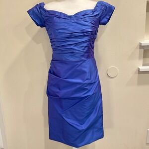 Marisa Baratelli Indigo Iridescent 100% Thai Silk Ruched Cocktail Wiggle Dress 6
